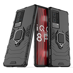 Silikon Hülle Handyhülle und Kunststoff Schutzhülle Hartschalen Tasche mit Magnetisch Fingerring Ständer S02 für Vivo iQOO 8 Pro 5G Schwarz