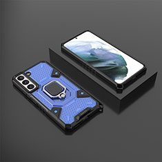Silikon Hülle Handyhülle und Kunststoff Schutzhülle Hartschalen Tasche mit Magnetisch Fingerring Ständer S03 für Samsung Galaxy S21 5G Blau