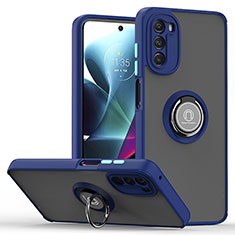 Silikon Hülle Handyhülle und Kunststoff Schutzhülle Hartschalen Tasche mit Magnetisch Fingerring Ständer S04 für Motorola Moto G 5G (2022) Blau