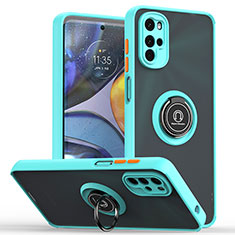 Silikon Hülle Handyhülle und Kunststoff Schutzhülle Hartschalen Tasche mit Magnetisch Fingerring Ständer S04 für Motorola Moto G22 Cyan