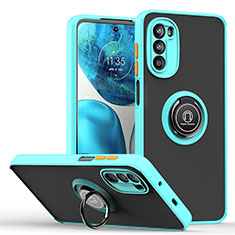 Silikon Hülle Handyhülle und Kunststoff Schutzhülle Hartschalen Tasche mit Magnetisch Fingerring Ständer S04 für Motorola Moto G71s 5G Cyan