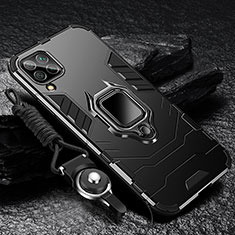 Silikon Hülle Handyhülle und Kunststoff Schutzhülle Hartschalen Tasche mit Magnetisch Fingerring Ständer S04 für Samsung Galaxy A22 4G Schwarz