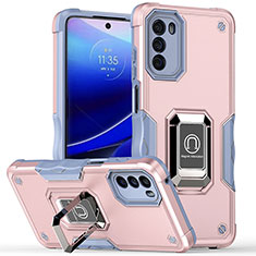 Silikon Hülle Handyhülle und Kunststoff Schutzhülle Hartschalen Tasche mit Magnetisch Fingerring Ständer S05 für Motorola Moto G 5G (2022) Rosa