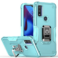 Silikon Hülle Handyhülle und Kunststoff Schutzhülle Hartschalen Tasche mit Magnetisch Fingerring Ständer S05 für Motorola Moto G Pure Cyan