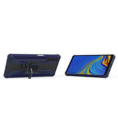 Silikon Hülle Handyhülle und Kunststoff Schutzhülle Hartschalen Tasche mit Magnetisch Fingerring Ständer S05 für Samsung Galaxy A7 (2018) A750 Blau
