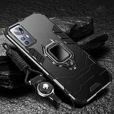 Silikon Hülle Handyhülle und Kunststoff Schutzhülle Hartschalen Tasche mit Magnetisch Fingerring Ständer S05 für Xiaomi Mi 12S 5G Schwarz