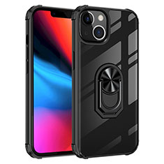 Silikon Hülle Handyhülle und Kunststoff Schutzhülle Hartschalen Tasche mit Magnetisch Fingerring Ständer S06 für Apple iPhone 13 Schwarz