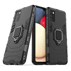 Silikon Hülle Handyhülle und Kunststoff Schutzhülle Hartschalen Tasche mit Magnetisch Fingerring Ständer S06 für Samsung Galaxy A02s Schwarz