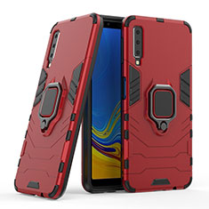 Silikon Hülle Handyhülle und Kunststoff Schutzhülle Hartschalen Tasche mit Magnetisch Fingerring Ständer S06 für Samsung Galaxy A7 (2018) A750 Rot