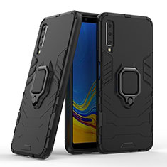 Silikon Hülle Handyhülle und Kunststoff Schutzhülle Hartschalen Tasche mit Magnetisch Fingerring Ständer S06 für Samsung Galaxy A7 (2018) A750 Schwarz