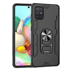 Silikon Hülle Handyhülle und Kunststoff Schutzhülle Hartschalen Tasche mit Magnetisch Fingerring Ständer S06 für Samsung Galaxy A71 5G Schwarz