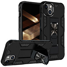 Silikon Hülle Handyhülle und Kunststoff Schutzhülle Hartschalen Tasche mit Magnetisch Fingerring Ständer S07 für Apple iPhone 15 Schwarz