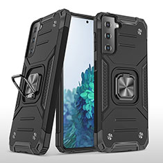 Silikon Hülle Handyhülle und Kunststoff Schutzhülle Hartschalen Tasche mit Magnetisch Fingerring Ständer T04 für Samsung Galaxy S21 5G Schwarz