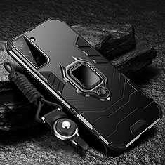 Silikon Hülle Handyhülle und Kunststoff Schutzhülle Hartschalen Tasche mit Magnetisch Fingerring Ständer T06 für Samsung Galaxy S21 5G Schwarz