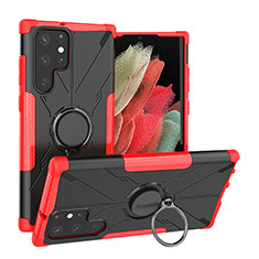 Silikon Hülle Handyhülle und Kunststoff Schutzhülle Hartschalen Tasche mit Magnetisch Fingerring Ständer T08 für Samsung Galaxy S22 Ultra 5G Rot