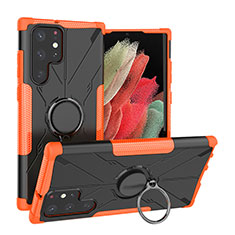 Silikon Hülle Handyhülle und Kunststoff Schutzhülle Hartschalen Tasche mit Magnetisch Fingerring Ständer T08 für Samsung Galaxy S23 Ultra 5G Orange