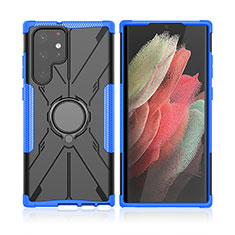 Silikon Hülle Handyhülle und Kunststoff Schutzhülle Hartschalen Tasche mit Magnetisch Fingerring Ständer T09 für Samsung Galaxy S22 Ultra 5G Blau