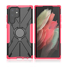 Silikon Hülle Handyhülle und Kunststoff Schutzhülle Hartschalen Tasche mit Magnetisch Fingerring Ständer T09 für Samsung Galaxy S23 Ultra 5G Pink