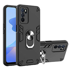 Silikon Hülle Handyhülle und Kunststoff Schutzhülle Hartschalen Tasche mit Magnetisch Fingerring Ständer Y01B für Oppo A16 Schwarz