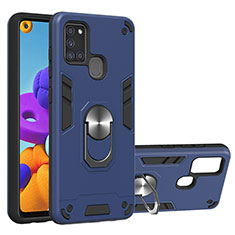 Silikon Hülle Handyhülle und Kunststoff Schutzhülle Hartschalen Tasche mit Magnetisch Fingerring Ständer Y01B für Samsung Galaxy A21s Blau