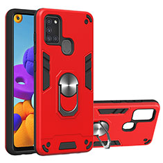 Silikon Hülle Handyhülle und Kunststoff Schutzhülle Hartschalen Tasche mit Magnetisch Fingerring Ständer Y01B für Samsung Galaxy A21s Rot