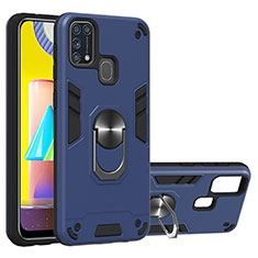 Silikon Hülle Handyhülle und Kunststoff Schutzhülle Hartschalen Tasche mit Magnetisch Fingerring Ständer Y01B für Samsung Galaxy M31 Blau