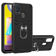 Silikon Hülle Handyhülle und Kunststoff Schutzhülle Hartschalen Tasche mit Magnetisch Fingerring Ständer Y01B für Samsung Galaxy M31 Prime Edition Schwarz