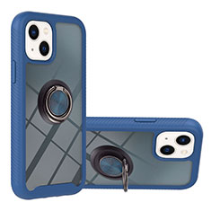 Silikon Hülle Handyhülle und Kunststoff Schutzhülle Hartschalen Tasche mit Magnetisch Fingerring Ständer YB1 für Apple iPhone 15 Plus Blau