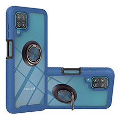 Silikon Hülle Handyhülle und Kunststoff Schutzhülle Hartschalen Tasche mit Magnetisch Fingerring Ständer YB1 für Samsung Galaxy A12 5G Blau