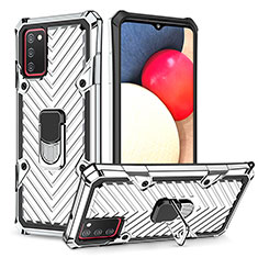 Silikon Hülle Handyhülle und Kunststoff Schutzhülle Hartschalen Tasche mit Magnetisch Fingerring Ständer YF1 für Samsung Galaxy A02s Silber