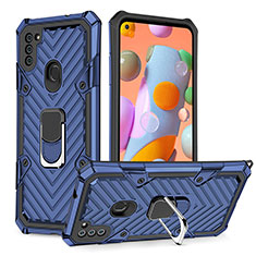 Silikon Hülle Handyhülle und Kunststoff Schutzhülle Hartschalen Tasche mit Magnetisch Fingerring Ständer YF1 für Samsung Galaxy A11 Blau