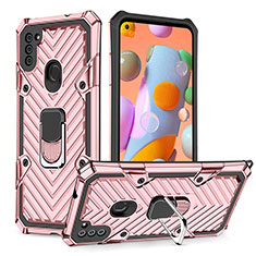 Silikon Hülle Handyhülle und Kunststoff Schutzhülle Hartschalen Tasche mit Magnetisch Fingerring Ständer YF1 für Samsung Galaxy A11 Rosegold