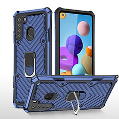 Silikon Hülle Handyhülle und Kunststoff Schutzhülle Hartschalen Tasche mit Magnetisch Fingerring Ständer YF1 für Samsung Galaxy A21 Blau