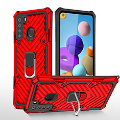 Silikon Hülle Handyhülle und Kunststoff Schutzhülle Hartschalen Tasche mit Magnetisch Fingerring Ständer YF1 für Samsung Galaxy A21 Rot