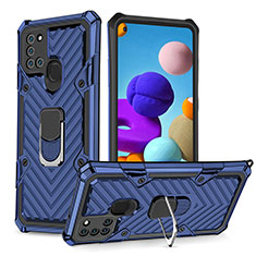 Silikon Hülle Handyhülle und Kunststoff Schutzhülle Hartschalen Tasche mit Magnetisch Fingerring Ständer YF1 für Samsung Galaxy A21s Blau