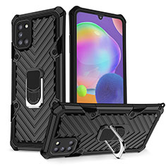 Silikon Hülle Handyhülle und Kunststoff Schutzhülle Hartschalen Tasche mit Magnetisch Fingerring Ständer YF1 für Samsung Galaxy A31 Schwarz