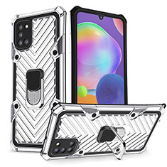 Silikon Hülle Handyhülle und Kunststoff Schutzhülle Hartschalen Tasche mit Magnetisch Fingerring Ständer YF1 für Samsung Galaxy A31 Silber