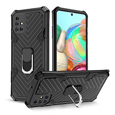 Silikon Hülle Handyhülle und Kunststoff Schutzhülle Hartschalen Tasche mit Magnetisch Fingerring Ständer YF1 für Samsung Galaxy A71 5G Schwarz