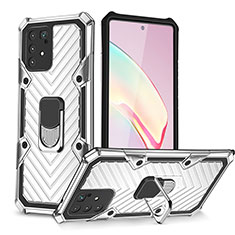 Silikon Hülle Handyhülle und Kunststoff Schutzhülle Hartschalen Tasche mit Magnetisch Fingerring Ständer YF1 für Samsung Galaxy A91 Silber