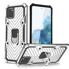 Silikon Hülle Handyhülle und Kunststoff Schutzhülle Hartschalen Tasche mit Magnetisch Fingerring Ständer YF1 für Samsung Galaxy M60s Silber