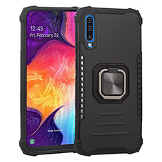 Silikon Hülle Handyhülle und Kunststoff Schutzhülle Hartschalen Tasche mit Magnetisch Fingerring Ständer ZJ2 für Samsung Galaxy A50S Schwarz