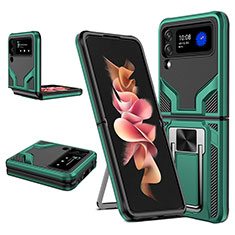 Silikon Hülle Handyhülle und Kunststoff Schutzhülle Hartschalen Tasche mit Magnetisch Fingerring Ständer ZL1 für Samsung Galaxy Z Flip3 5G Grün