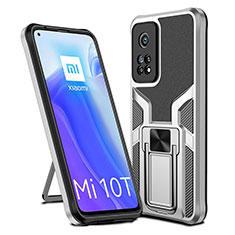 Silikon Hülle Handyhülle und Kunststoff Schutzhülle Hartschalen Tasche mit Magnetisch Fingerring Ständer ZL1 für Xiaomi Mi 10T 5G Silber