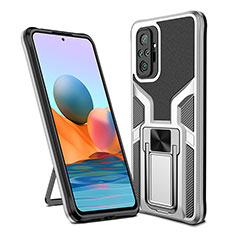 Silikon Hülle Handyhülle und Kunststoff Schutzhülle Hartschalen Tasche mit Magnetisch Fingerring Ständer ZL1 für Xiaomi Redmi Note 10 Pro Max Silber