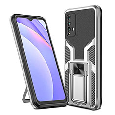 Silikon Hülle Handyhülle und Kunststoff Schutzhülle Hartschalen Tasche mit Magnetisch Fingerring Ständer ZL1 für Xiaomi Redmi Note 9 4G Silber