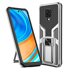 Silikon Hülle Handyhülle und Kunststoff Schutzhülle Hartschalen Tasche mit Magnetisch Fingerring Ständer ZL1 für Xiaomi Redmi Note 9 Pro Silber