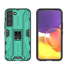 Silikon Hülle Handyhülle und Kunststoff Schutzhülle Hartschalen Tasche mit Magnetisch Ständer A03 für Samsung Galaxy S21 FE 5G Grün
