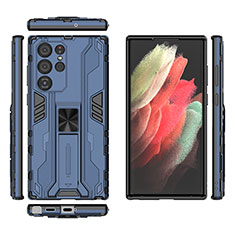Silikon Hülle Handyhülle und Kunststoff Schutzhülle Hartschalen Tasche mit Magnetisch Ständer A03 für Samsung Galaxy S22 Ultra 5G Blau