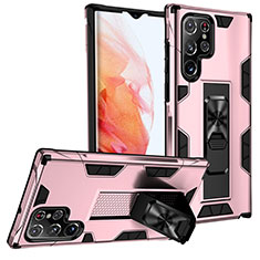 Silikon Hülle Handyhülle und Kunststoff Schutzhülle Hartschalen Tasche mit Magnetisch Ständer A04 für Samsung Galaxy S21 Ultra 5G Rosegold