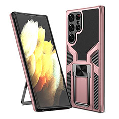 Silikon Hülle Handyhülle und Kunststoff Schutzhülle Hartschalen Tasche mit Magnetisch Ständer A05 für Samsung Galaxy S21 Ultra 5G Rosegold